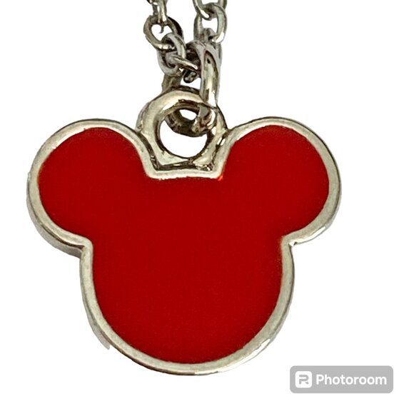 Vintage Disney Mickey Mouse Ears Necklace Icon Charm Red Enamel Disneyana 20" - Picture 2 of 10